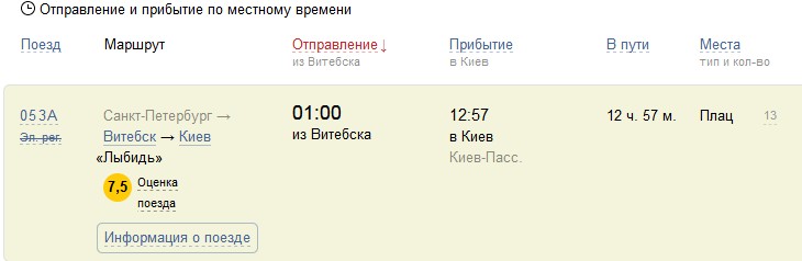 Расписание поезда СПБ - Витебск → Киев